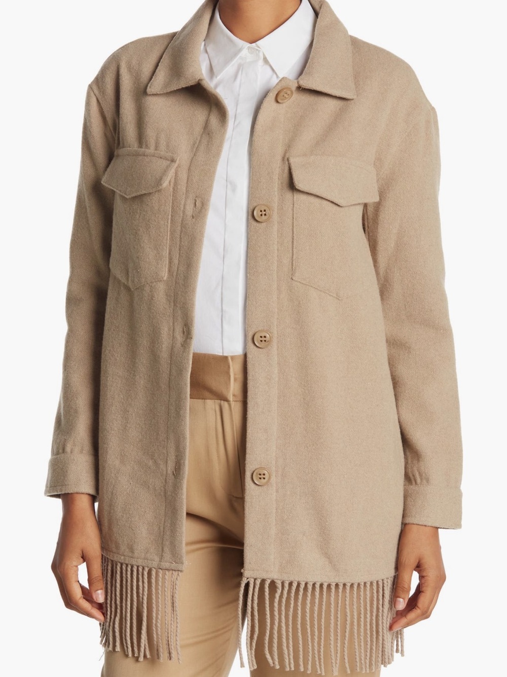 Laundry By Shelli Segal Beige Fringe Hem Utility Shacket